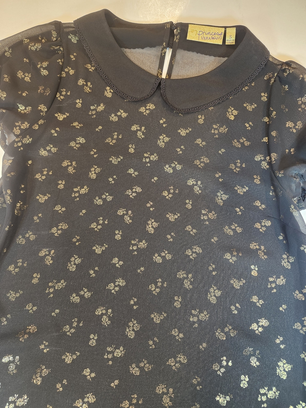 Princess Vera Wang Blouse Women S Black & Gold Floral Peter Pan Collar Excellent